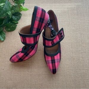 Fluevog Big Presence Zewde Retro Mary Jane Heels - Pink Plaid, Size 10